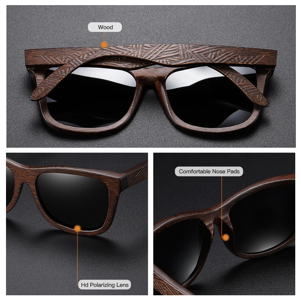 Esoteric square wayfarer handmade bamboo wood sunglasses for men and women with polarized and mirror lenses wooden carvings and comfortable nose pads at aofe unique eyewear shop