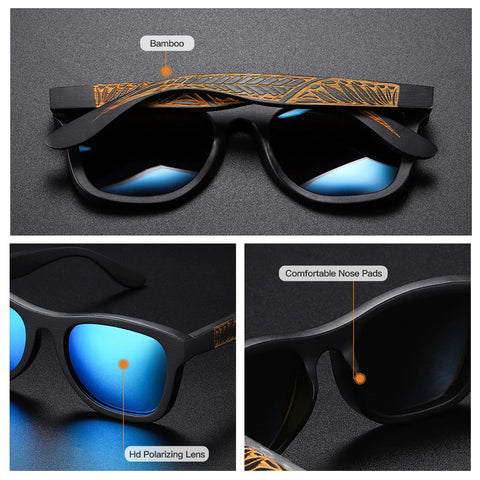 Arcane square wayfarer handmade bamboo wood sunglasses for men and women with polarized and mirror lenses wooden carvings and comfortable nose pads at aofe designer eyewear shop