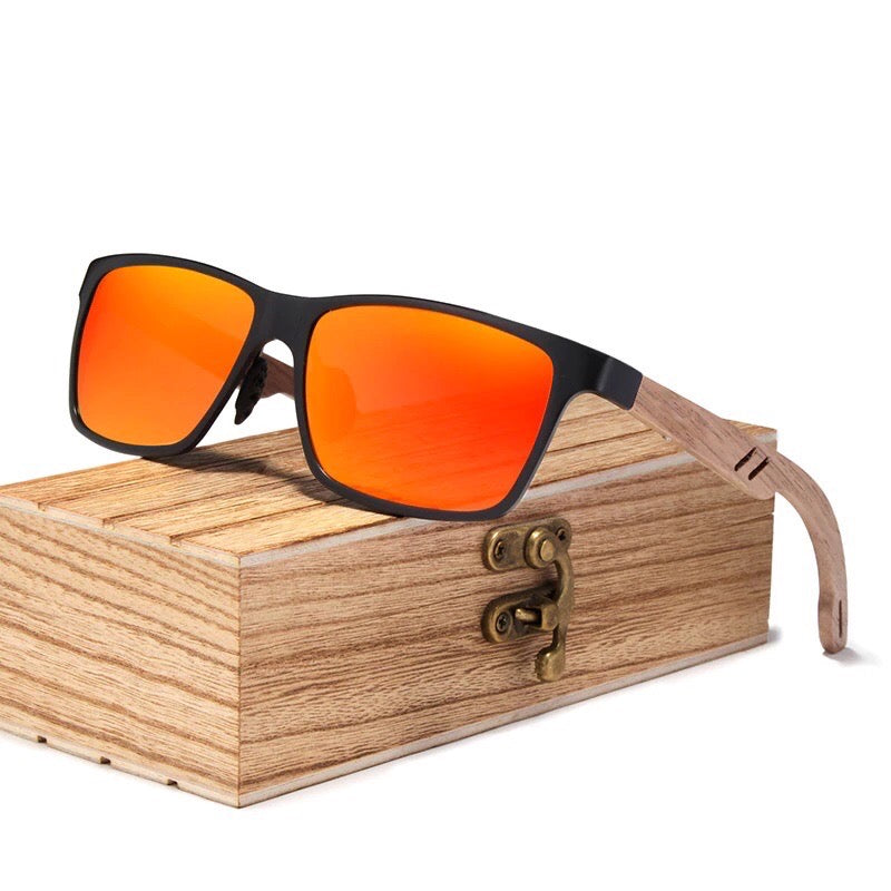 Smug square wayfarer in black sports eyewear frame bamboo wood temples men's sunglasses with anti reflective polarized red lenses and premium wooden sunglasses box at aofe the trendy online fashion store