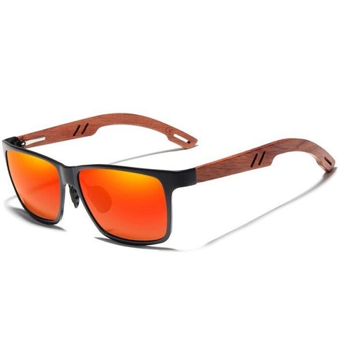 Smug wooden sunglasses in vibrant red square wayfarer for men with polarized mirrored lenses at aofe the best online eyewear store
