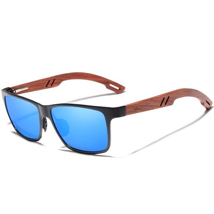 Smug wooden sunglasses in vibrant blue square wayfarer for men with polarized mirrored lenses at aofe the best online eyewear store