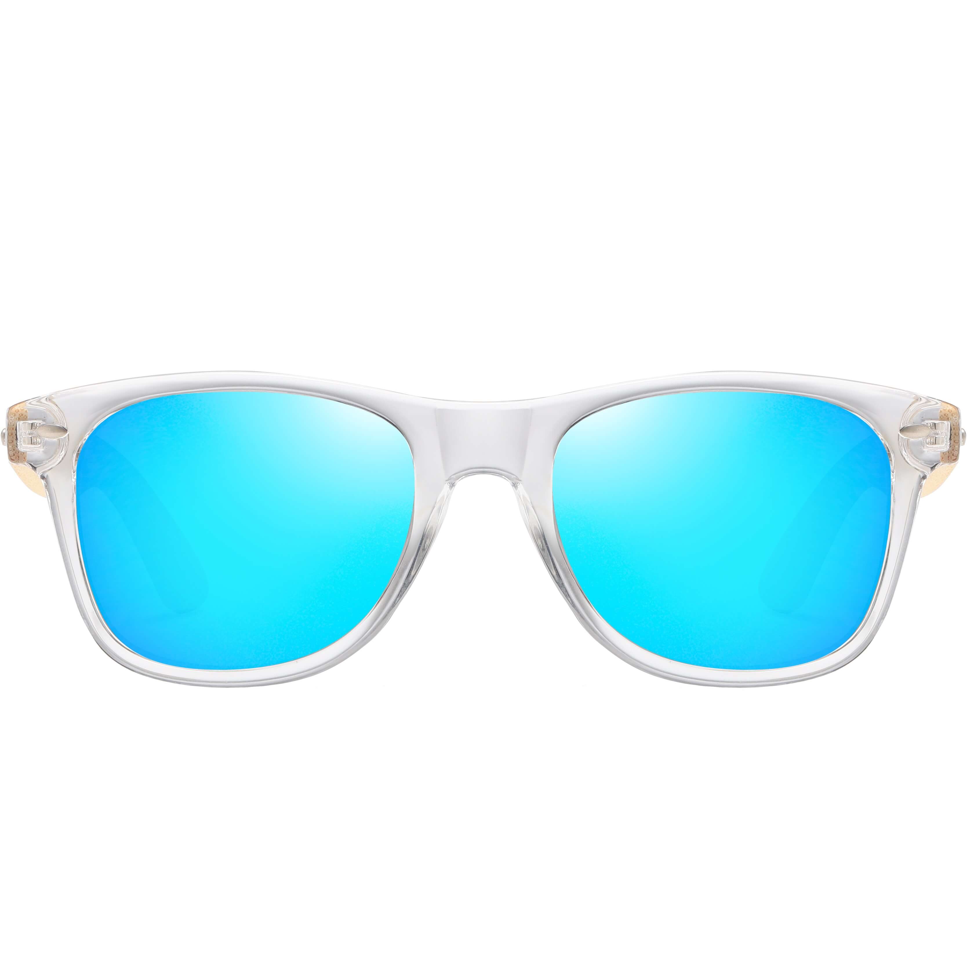aofe's Dulcet vibrant blue square wayfarer unique design handmade wooden sunglasses for men and women with mirrored polarized lenses