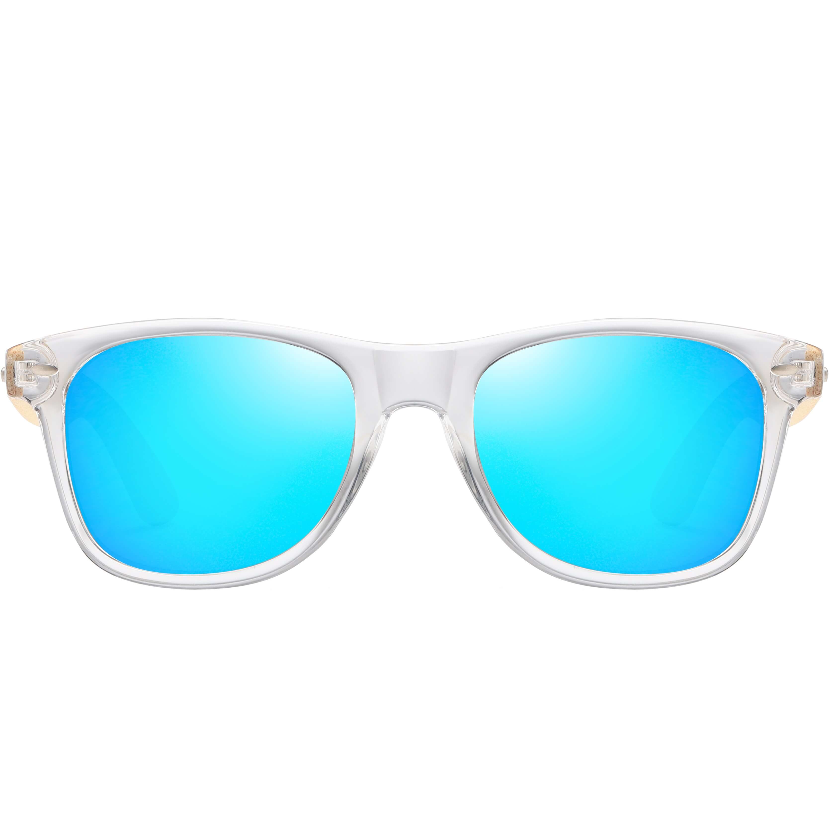 aofe's Dulcet vibrant blue square wayfarer unique design handmade wooden sunglasses for men and women with mirrored polarized lenses