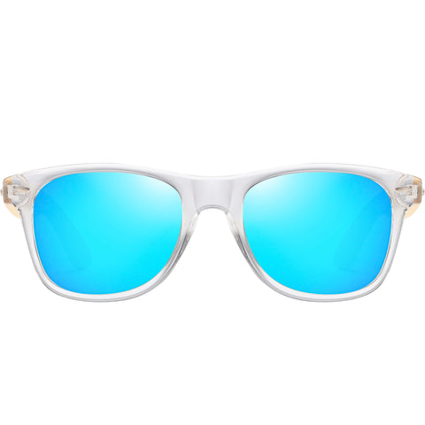 aofe's Dulcet vibrant blue square wayfarer unique design handmade wooden sunglasses for men and women with mirrored polarized lenses